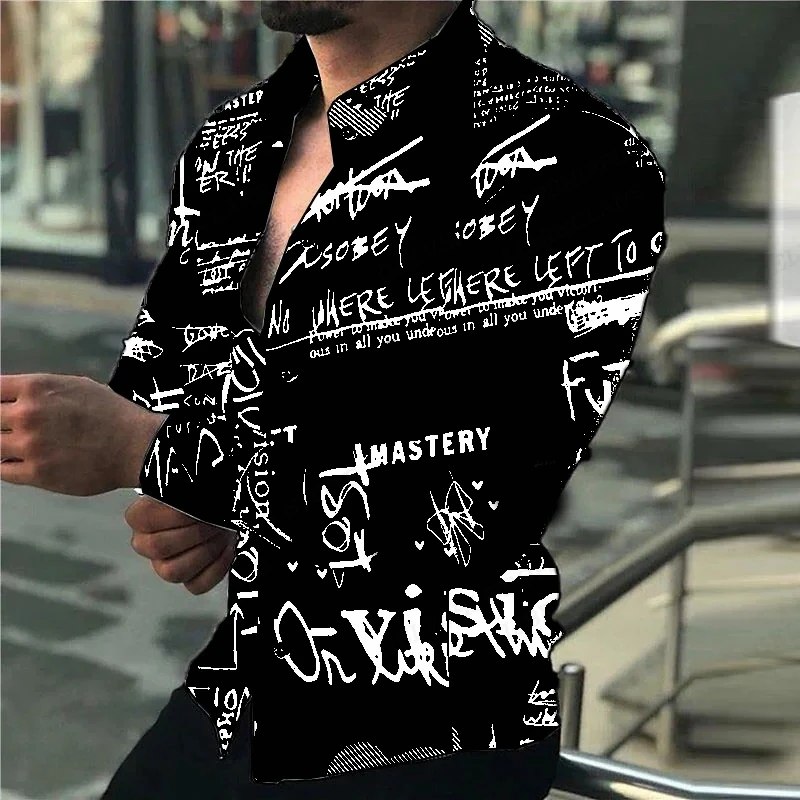 Hawaiian Long Sleeve Shirts Men Fashion Letter Print Shirt Black White Lapel Blouses Beach Blouse Single Breasted Clothing Shirt