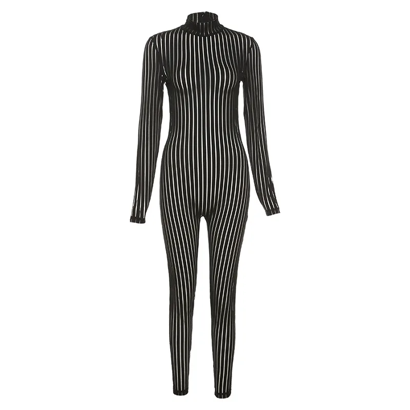 Striped Mesh Bodysuit Women 2020 Summer Sexy Transparent Slim Party Jumpsuit Short See Through Long Sleeve Turtleneck Bodysuits