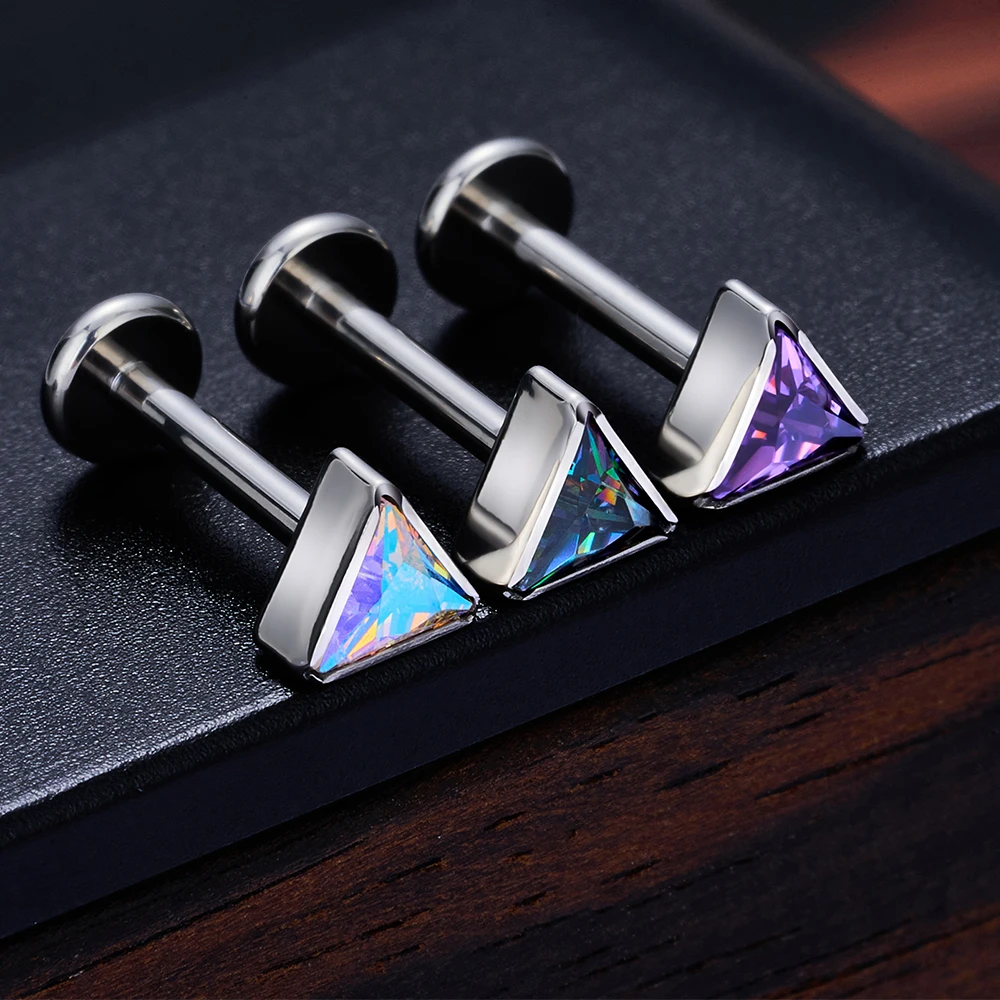 ASTM F136 Titanium EAR PIERC Triangle zirconia Paved Top Threaded Labret Studs Tragus Earrings Lip Tongue Stud Piercing Jewelry