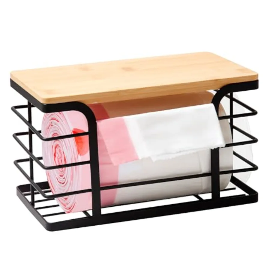 Soporte para bolsa de basura pequeña, soporte para bolsa de comestibles de montaje en pared con tapa de bambú, adecuado para bolsas de basura de 100 rollos de menos de 13 galones Bla