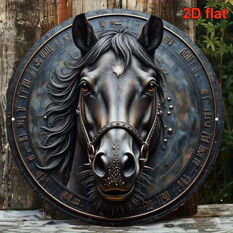 2D Flat printing 1pc Metal iron sign, Vintage Black Horse Head Portrait Plaque - Metallic Finish Wall Decor with Facial markings