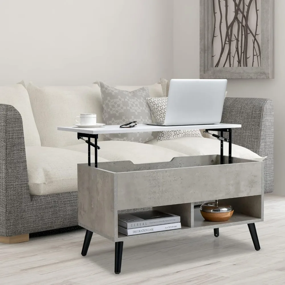 Lift Top Coffee Table, Modern Cocktail Table w/Hidden Compartment & 2 Open Shelves, Flip Top Center Table, Wooden Pull up