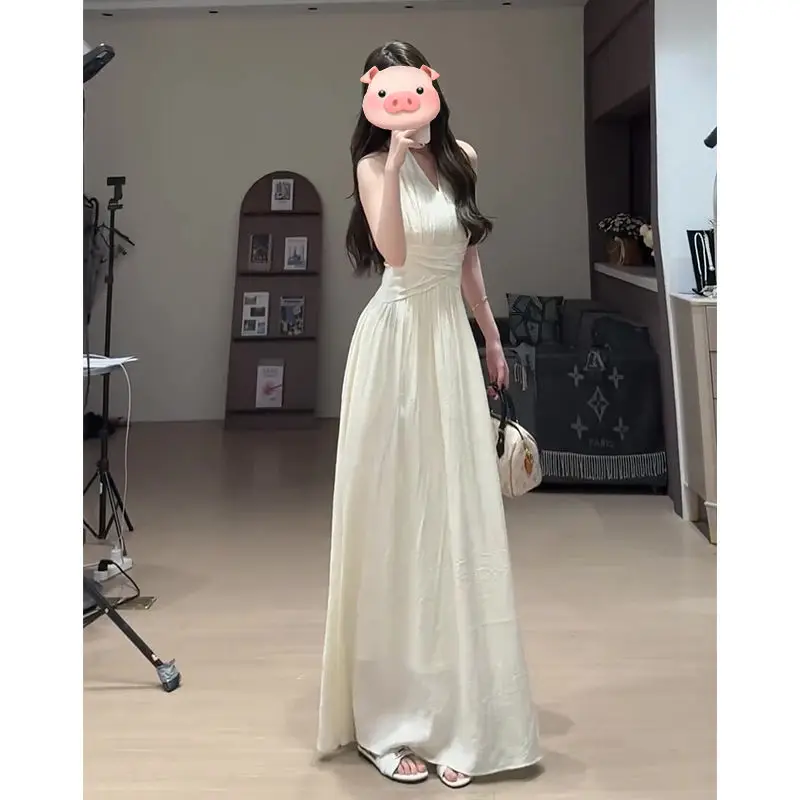 Elegant Backless Sexy Club Pleated Vest Long Dresses Women Black High Waist Beige V Nec Vacation Slim Party Evening Dress Summer - view 4
