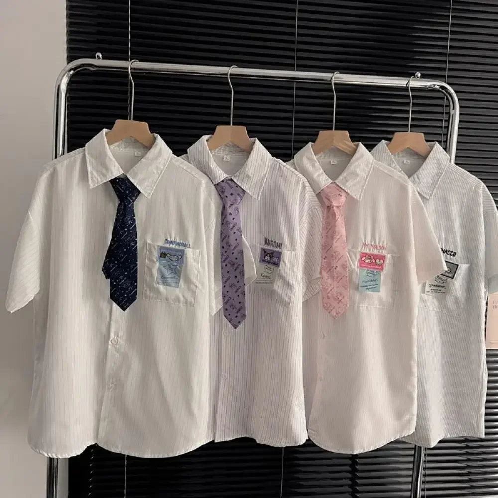 

Cartoon Cinnamoroll Shirt Tie T-Shirt My Melody Sanrio Anime Kawaii Cotton Loose Summer Short Sleeve Student Girl Tops Trend