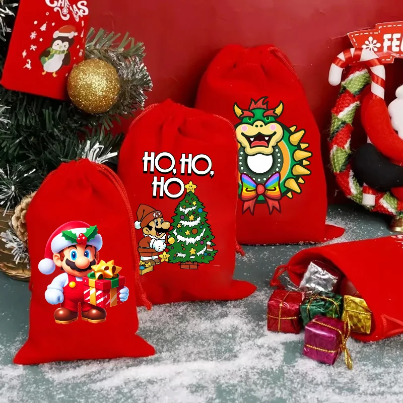 Super Mario Bro Christmas Drawstring Bags Anime Cartoon Gifts Candy Storage Pouch Xmas Tree Pendant New Year Draw String Bag