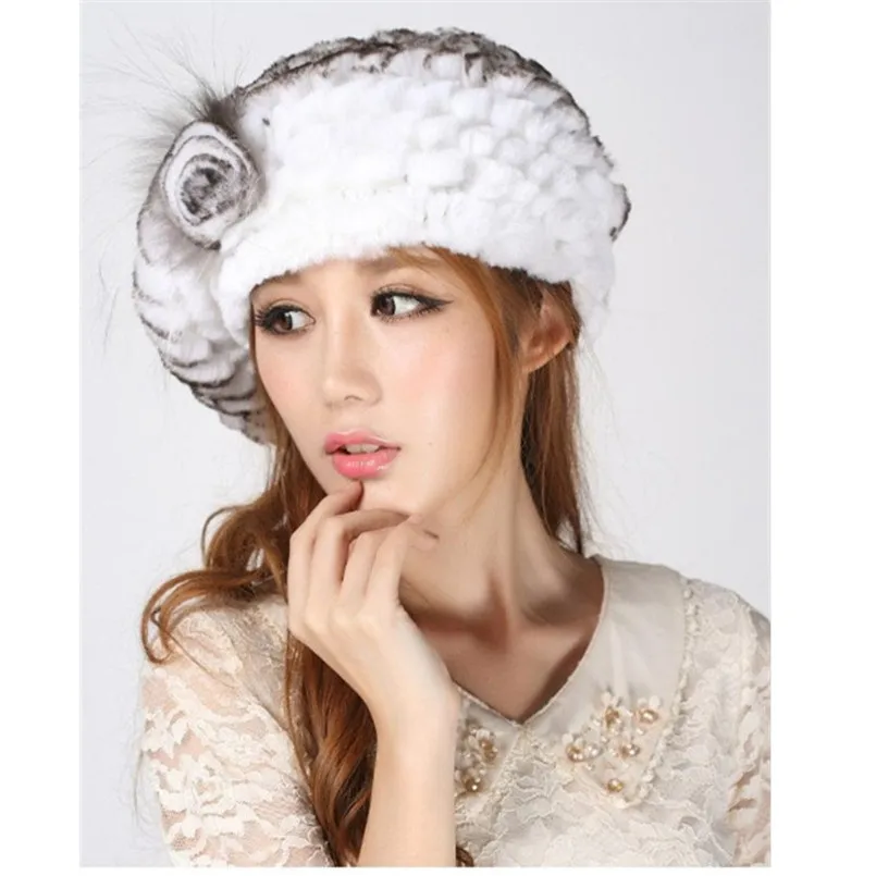 

White Real Rex Rabbit Fur Beret Caps for Women Elegant Elastic Knitted Headwear Lady Fluffy Hats