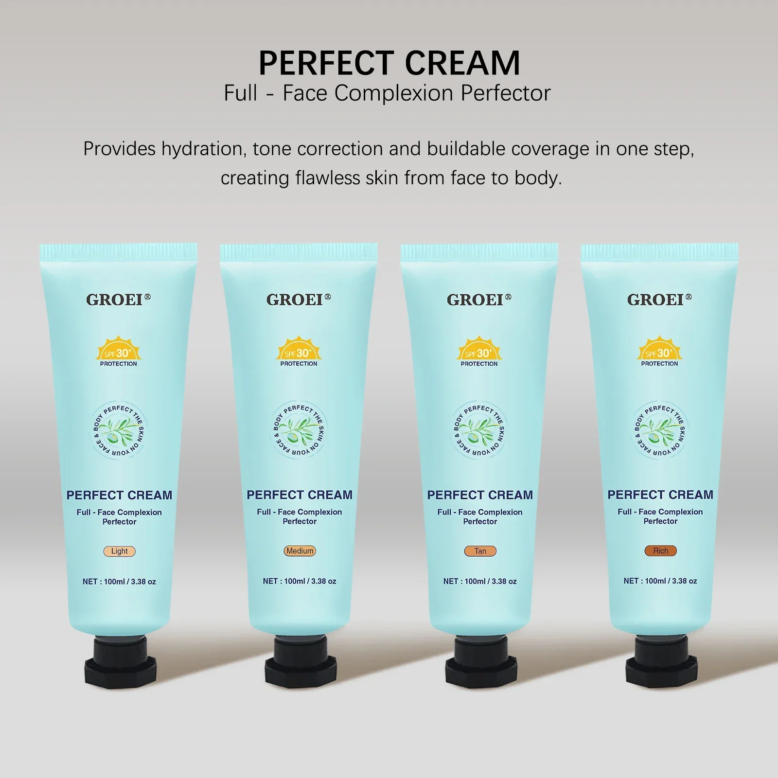 GROEI 100 مل كريم مثالي خفيف/متوسط/أسمر/غني، مصحح لون الجسم 3 في 1، سائل SPF30 BB مقاوم للماء لجميع أنواع البشرة