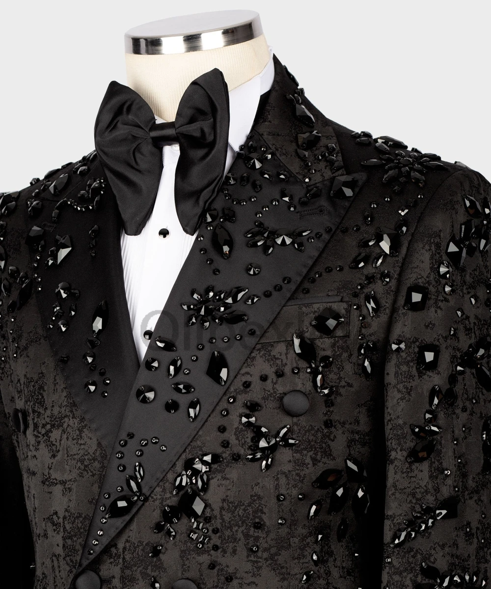 Olibexley Luxury Black Crystals Diamond Tuxedos 2 Pieces Men Suits Slim Wedding Male Groom Blazers 2 Pieces Sets Customized S174