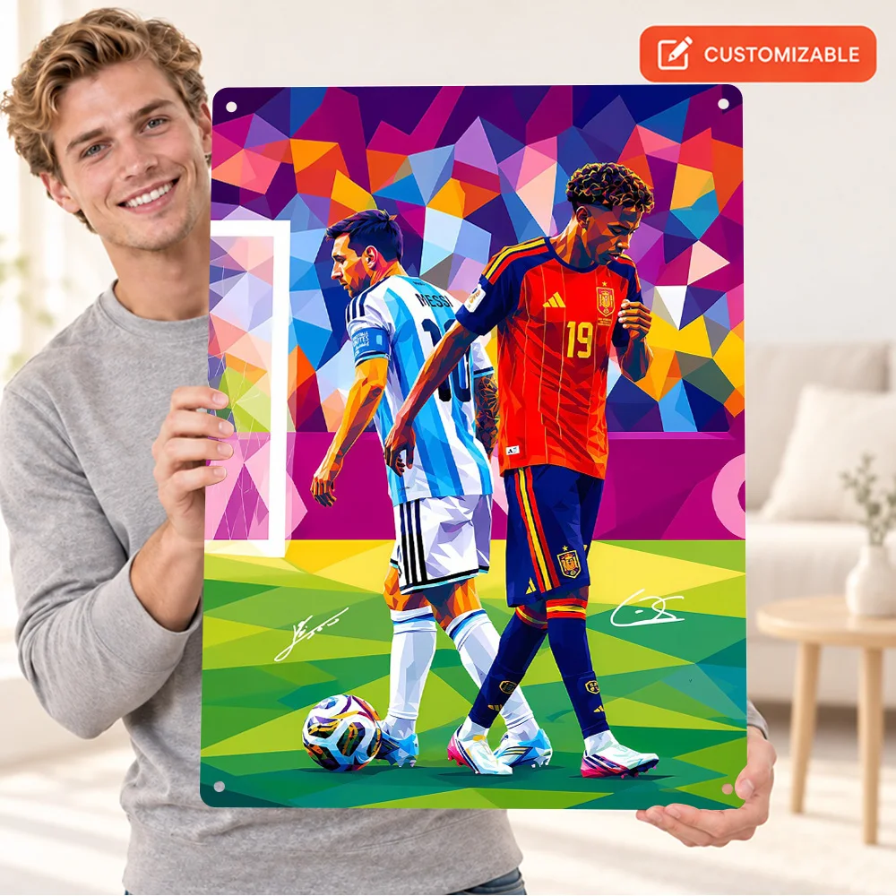 Lionel Messi And Lamine Yamal Football Players Aluminum Poster Customized Metal Sign Geometric Style Wall Art For Sports Room