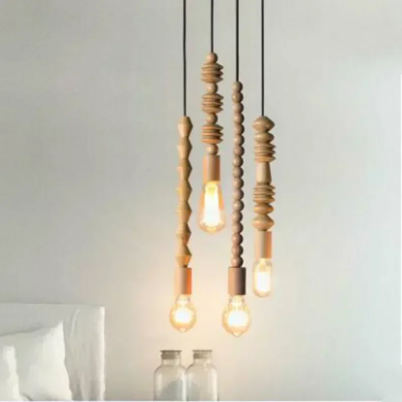 Retro Style Oak Wooden Geometric Beads Pendant Lamp Dining Room Droplight Hanging Light Fixture WJ429