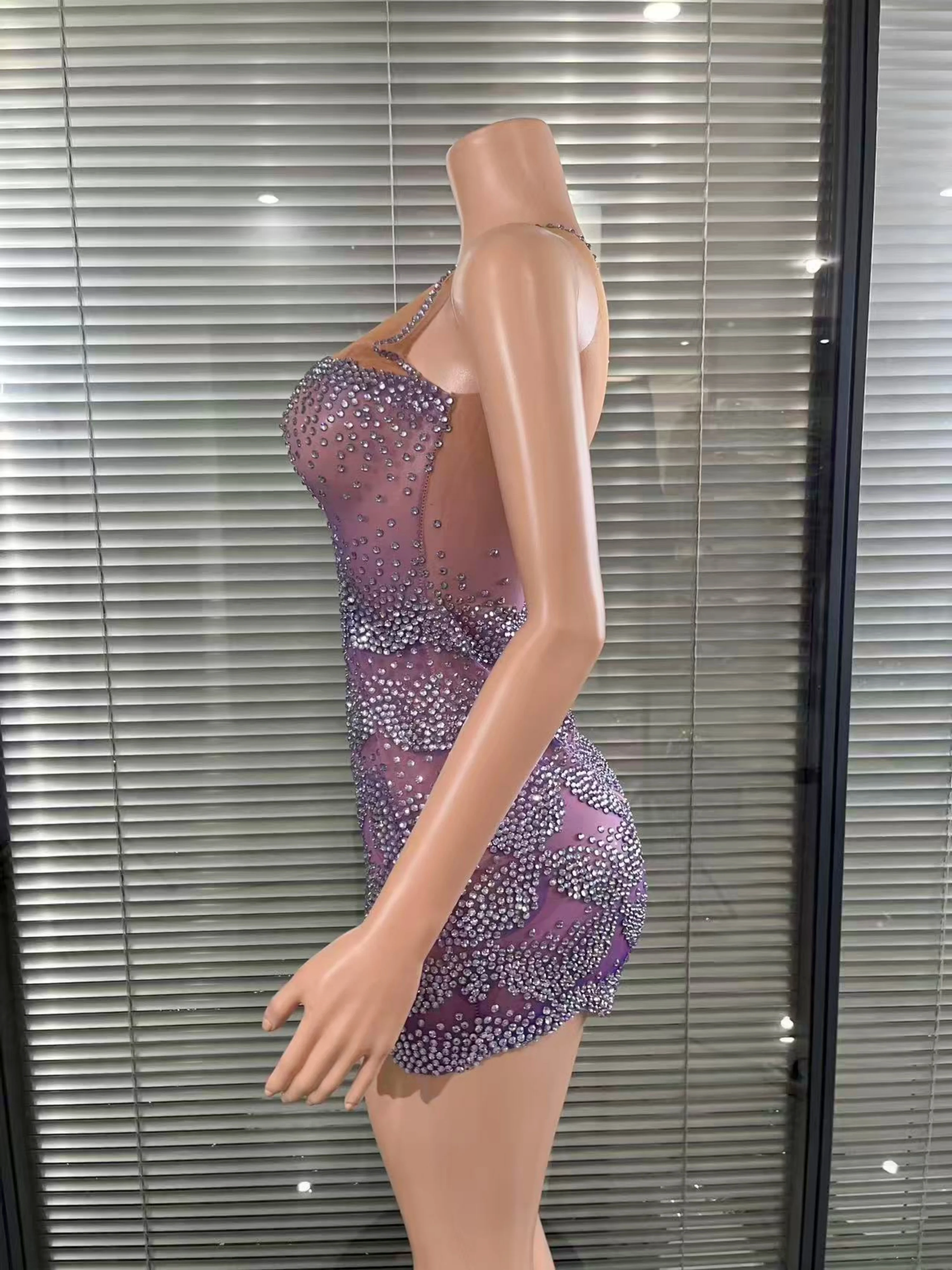 Alluring Purple Color Women Sexy Sleeveless Shinning Dimonds Bodycon Mini Dress Mesh See Through Birthday Party Stage Wear