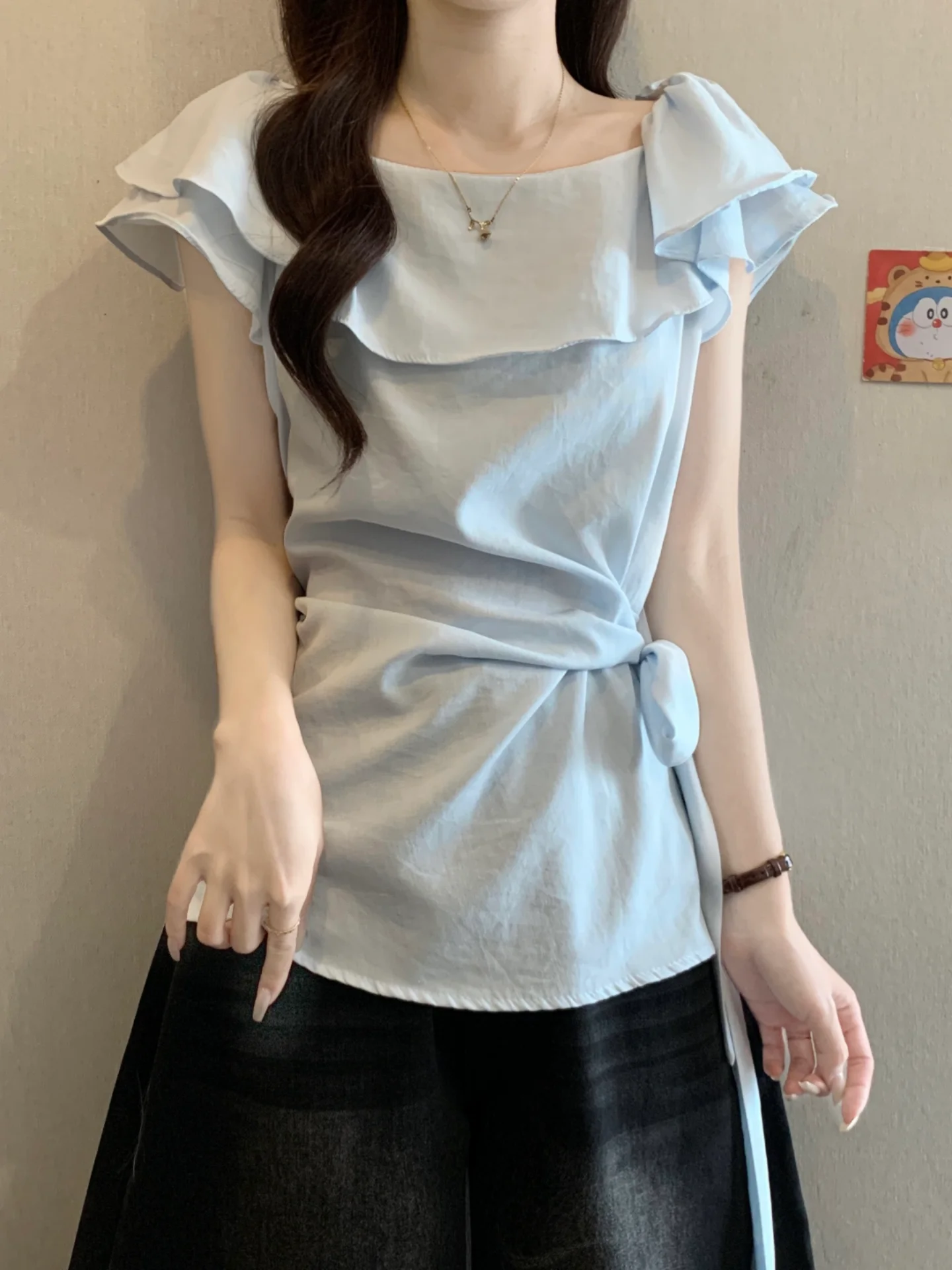 

Slimming Short Sleeve Women's Blouse Summer 2026 Large Size Flounce Hem Base Shirt Korean Style Loose Fit Belted Top