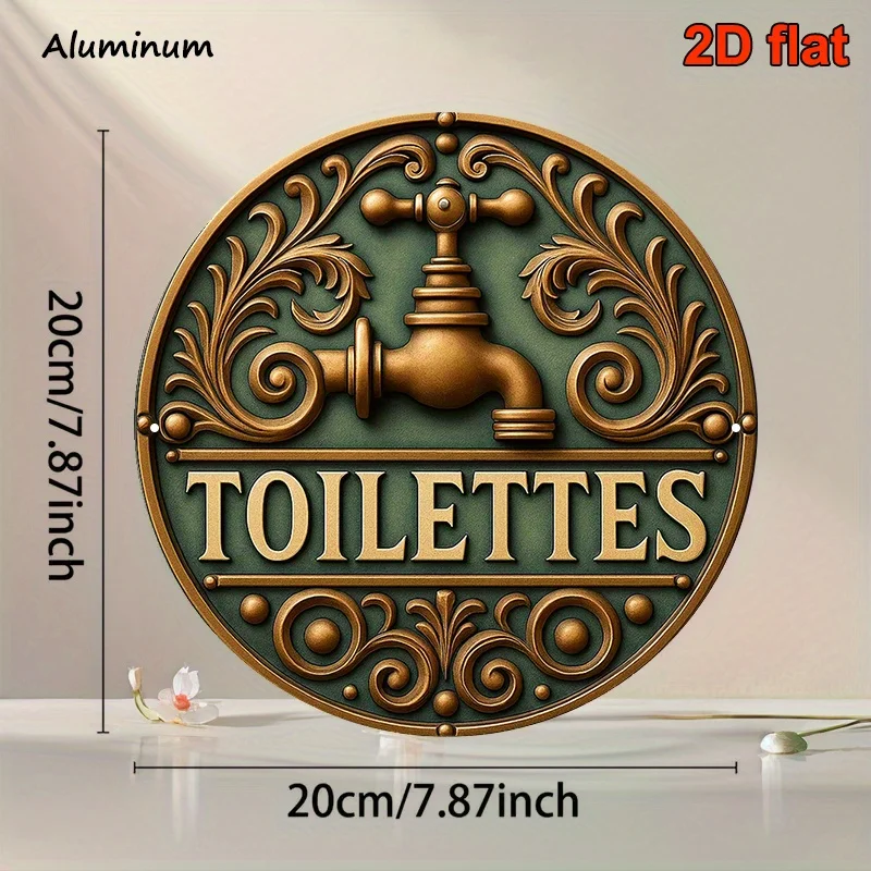 Round Aluminum Sign Measuring 20.32X20.32 cm Featuring a Vintage Decoration Plaque Related to 'TOILETTES', Perfect for Decor