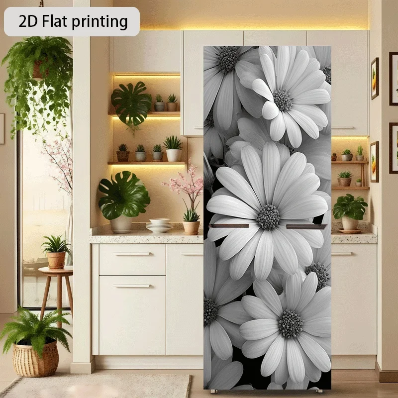 Refrigerator Sticker Black and White Daisy Theme Design Wall Decal Self-Adhesive Wallpaper Suitable for Cabinets and Wardrobes