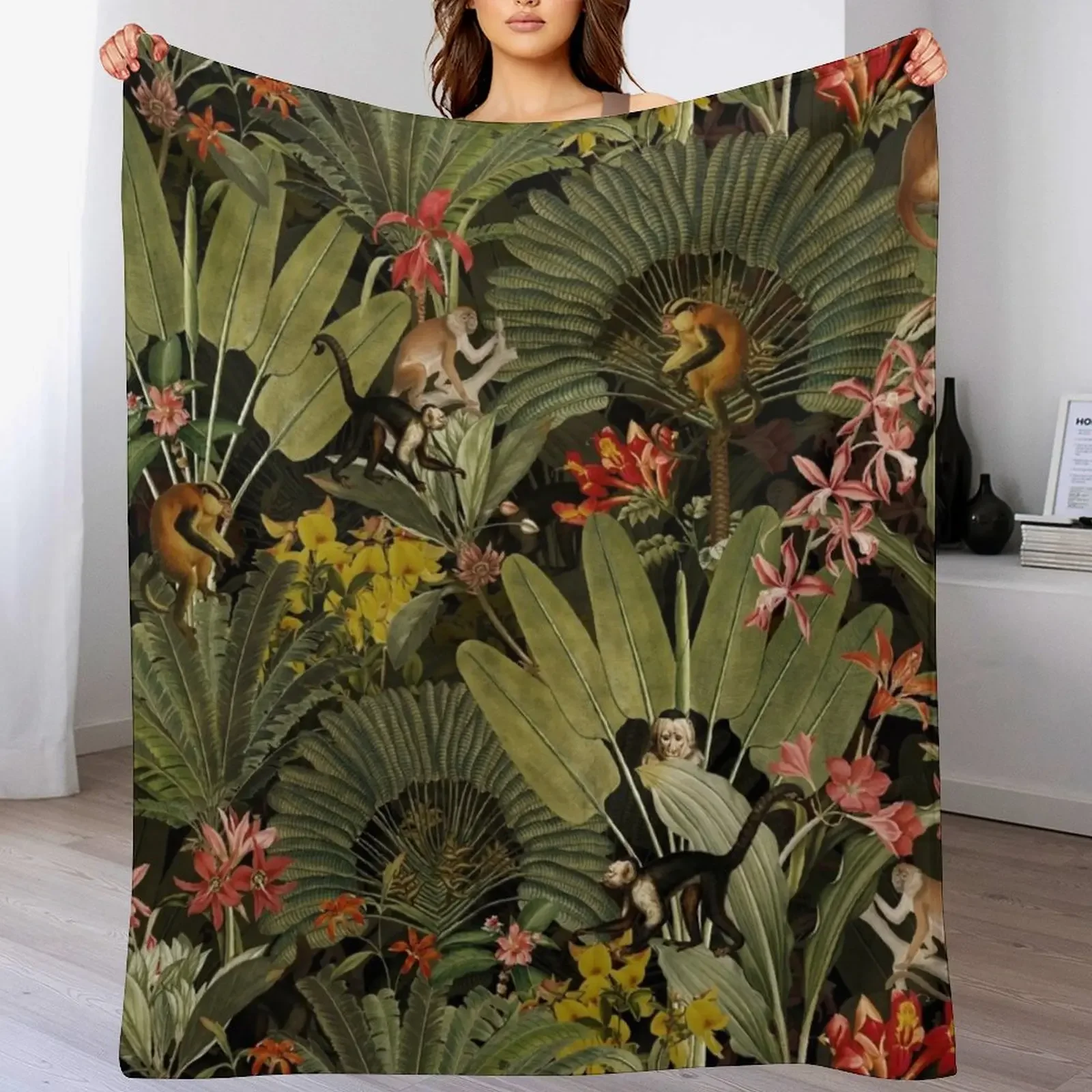 Tropical Exotic Vintage Midnight Jungle Monkeys Night Garden Throw Blanket All Season Lightweight Soft Blanket for Bed