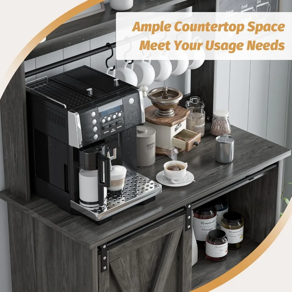 Farmhouse Coffee Bar Cabinet com Armazenamento, Mesa de café com porta de celeiro deslizante, 6 ganchos, Grey Coffee Bar