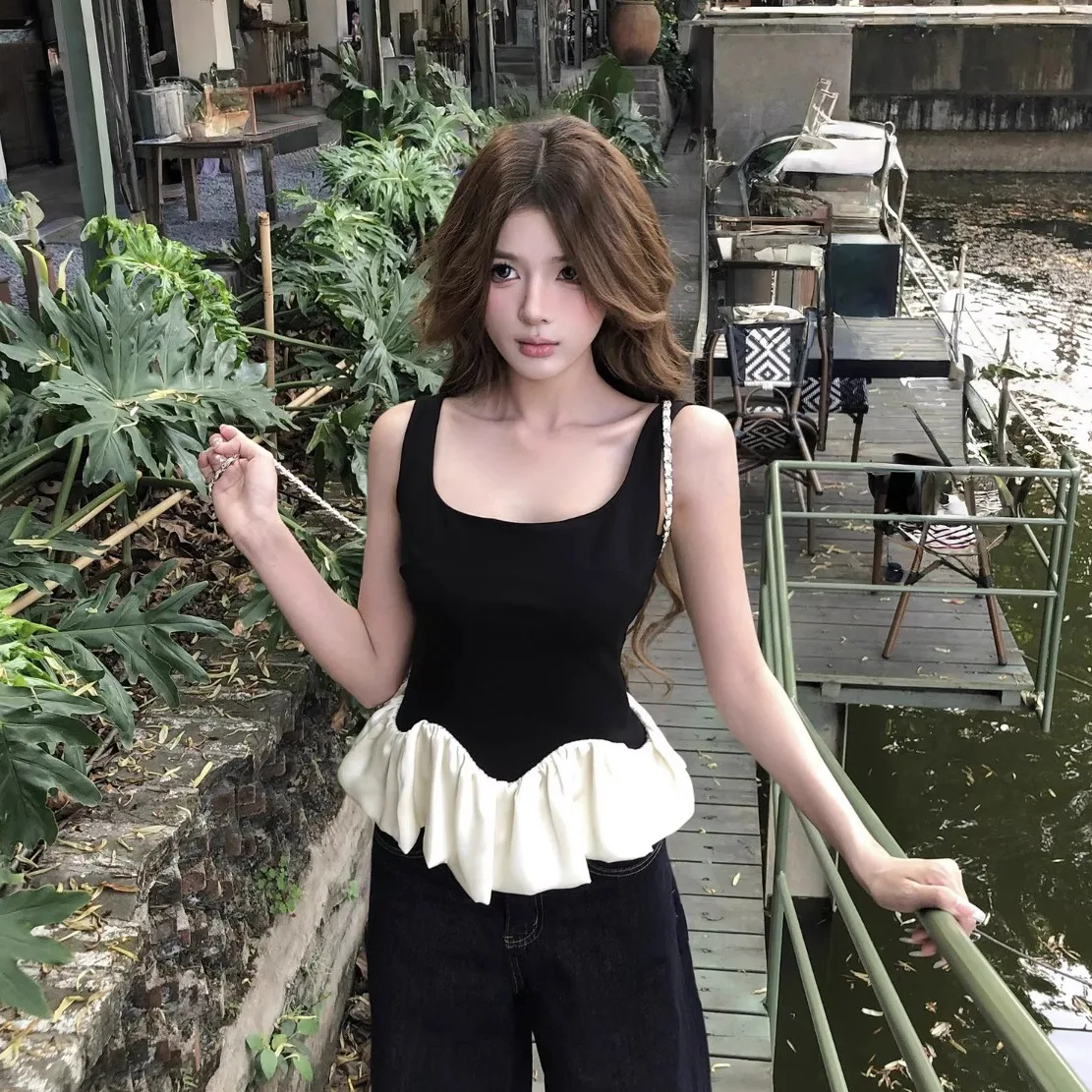 퓨어 디자이어 섹시 스퀘어 칼라 슬림 스트랩 베스트 여성 여름 신상 디자인 탑 스커트 슬레 패션 트렌드