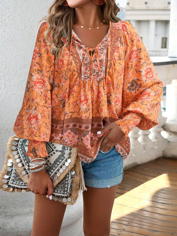 Fitaylor Spring Autumn Women V-neck Puff Sleeve Floral Print Shirt Lady Casual Long-sleeve Top