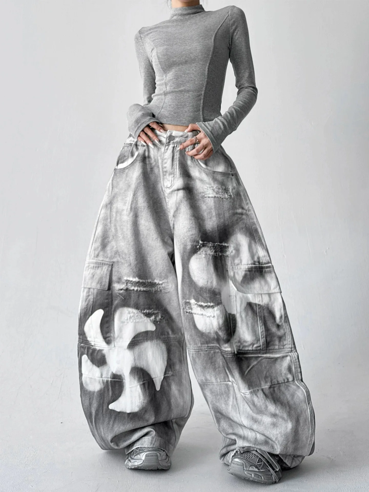 Spodnie damskie Y2K na zimę, casualowe, z nadrukiem farbą, luźne, wyszczuplające, z prostymi nogawkami, szerokie nogawki, uniwersalne jeansy, modne.