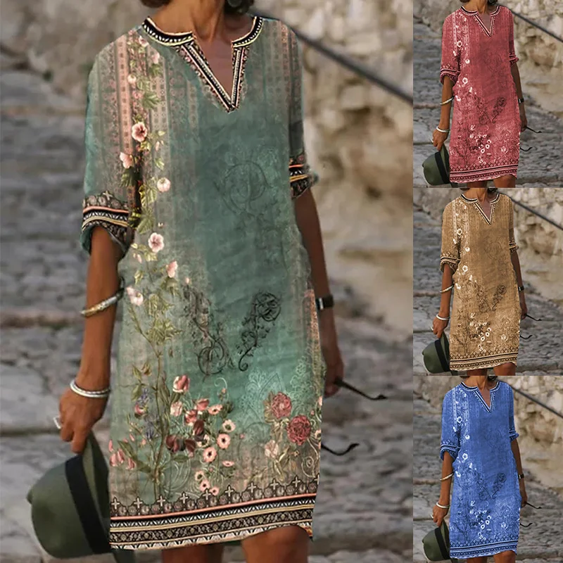 Ethnic Retro Summer Printed Boho Knee Length Dress Women Casual V Neck Dress Spring Half Sleeve 2025 Ladies Elegant Vestidos