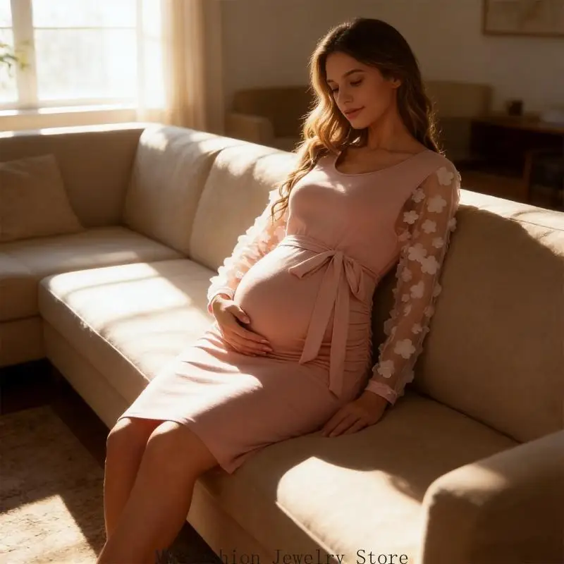 Umstandskleid mit Rundhalsausschnitt, figurbetontes Netz-Langarmkleid für Babyparty, lässiges Lounge-Schwangerschaftskleid D0UB