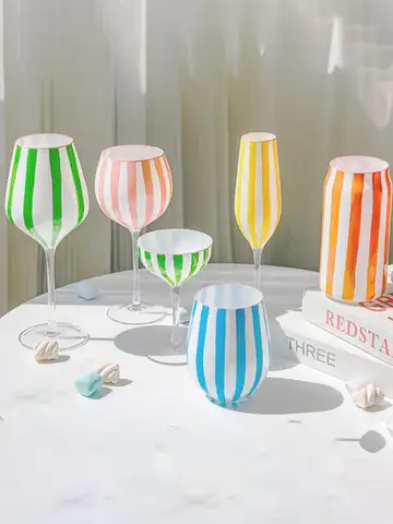 Creative Blue White Striped Hand Painted Cocktail Champagne Goblet Water Cup Red Wine Glass Set Party Wedding Barware Best5