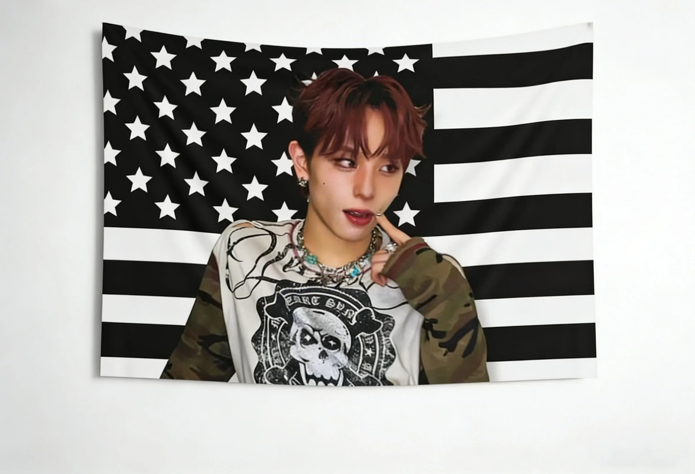 1PC Xlov Haru Kpop Flag Tapestry Black and White American Flag Tapestry Suitable For Bedroom Dorm Aesthetic Wall Hanging Decor