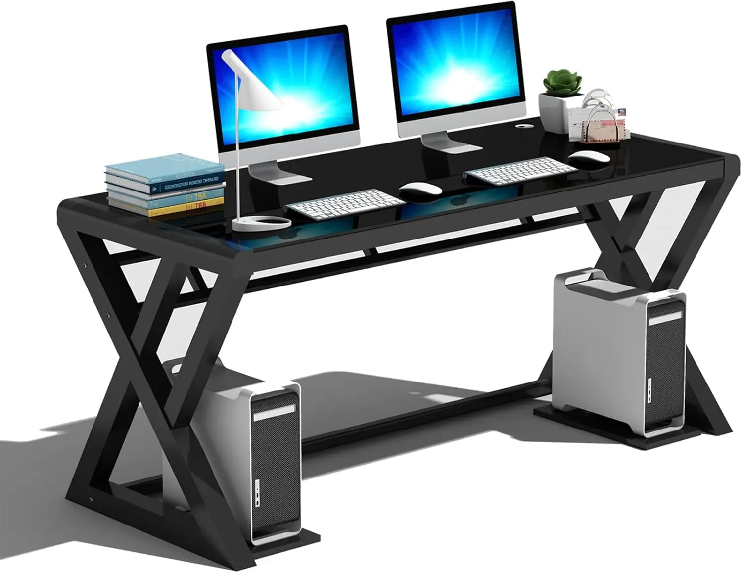 Computer Desk Home Office Desks, 55.1 Inch Modern Simple Office Black Glass Desk Computer Table Study Gaming