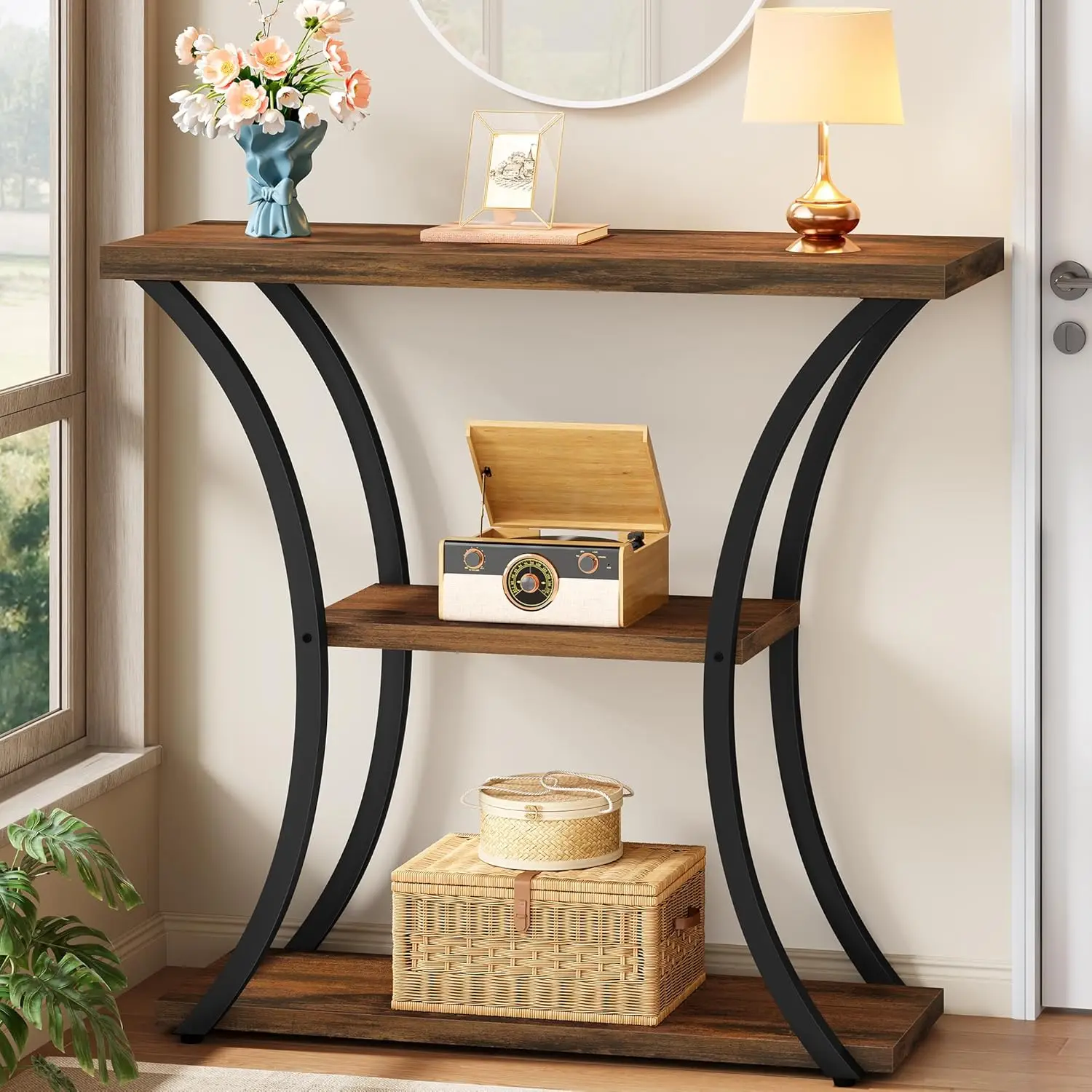 

Трехуровневый консольный столик с изогнутыми металлическими рамами, в деревенском стиле, коричневый и черный, узкий приставной столик для прихожей и гостиной