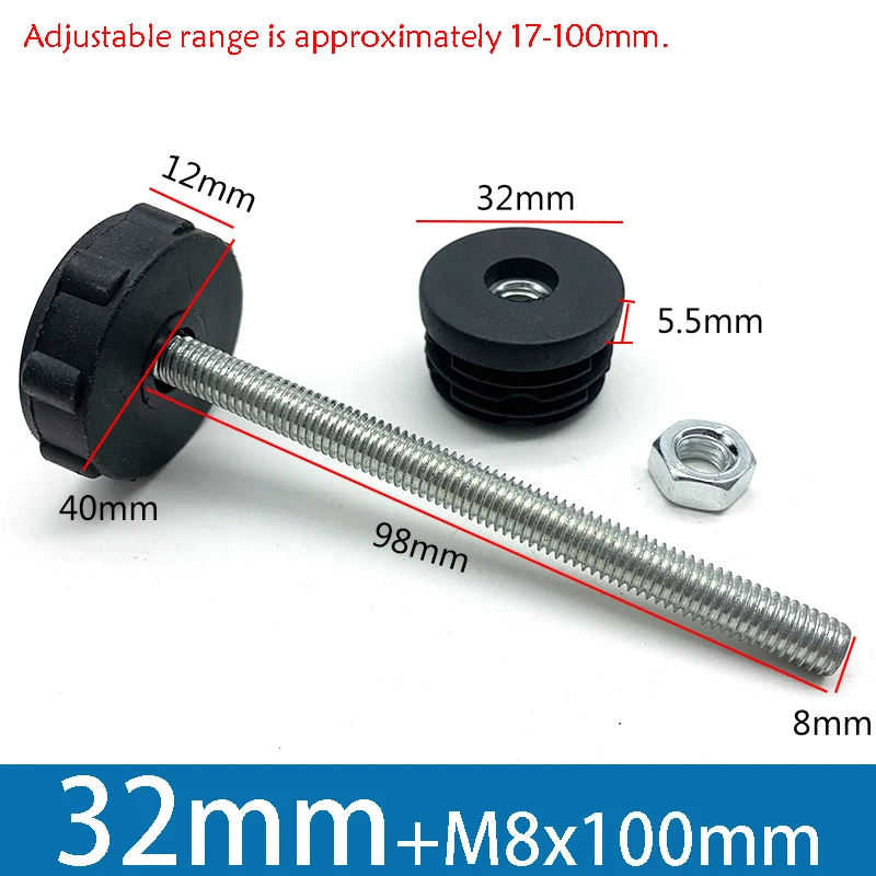 1-10 Stuks Tafelpoot Plug Met Moer en Verstelbare Voeten M8/M0x50/100mm Zwart Vierkant/Rond Meubilair Rek In Hoogte Verstelbare Voet Cup