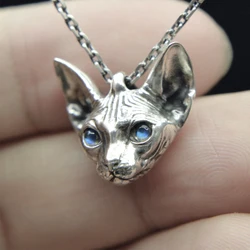 MengG Real S925 Sterling Silver Necklace Sphinx Cat Pendant Inlay Moon Stone Hairless Cat Original Design Jewelry Handmade Gift