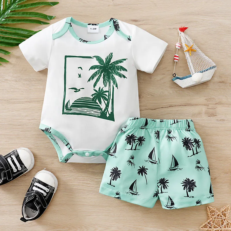 

Set Costume Clothes Toddler Boy Girl Baby Infant 0-18 Months Newborn Knitted Summer Short Sleeve Print Clothes coconut Lovely