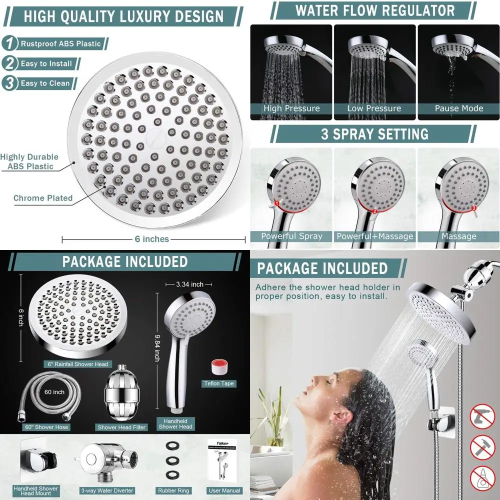 

Luxury Chrome Shower Combo: Filtered Rainfall & Handheld, 60 Hose, Anti-Leak, Silver
