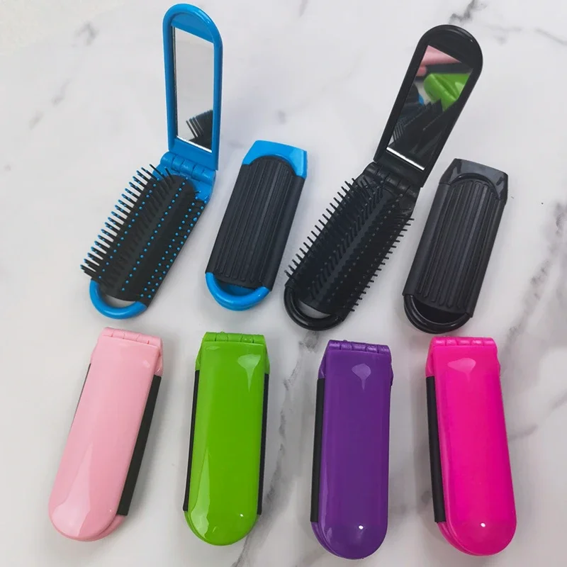 Portable Travel Folding Hair Brush With Mirror Compact Pocket Size Comb ABS Heat-Resistant Folding Comb Portable Dual-Use