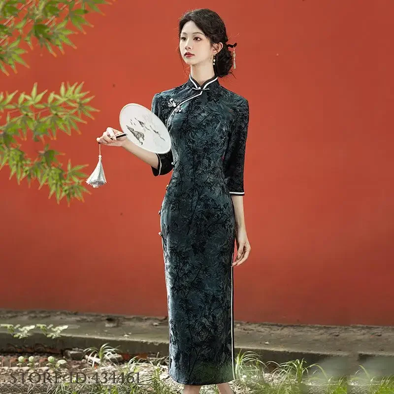

Винтажное классическое женское китайское платье, осеннее новое платье Cheongsam с коротким рукавом, традиционный воротник-стойка Qipao, сексуальное платье Vestidos De Festa