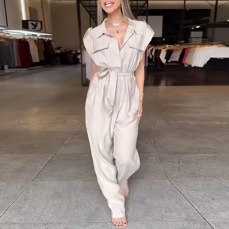 女性ノースリーブレースアップポケットロンパースオーバーオールシックなラペルボタンデイリーロンパース女性カジュアルハイウエスト無地ジャンプスーツ