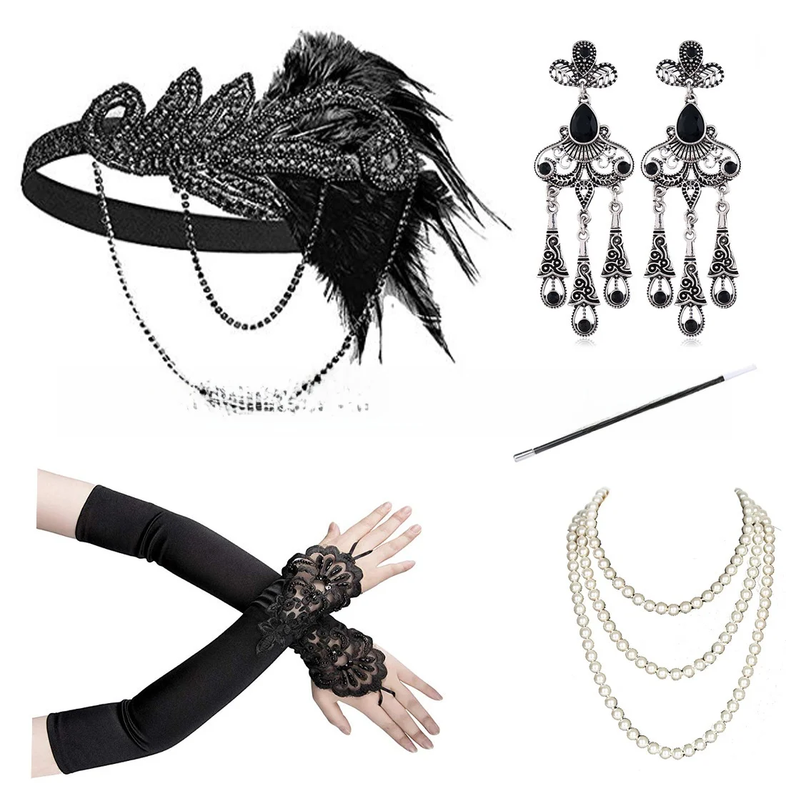 20th-century-20s-great-gatsby-women's-feather-headwear-accessory-set-fashionable-retro-style-unbranded-sun-protection-sleeve