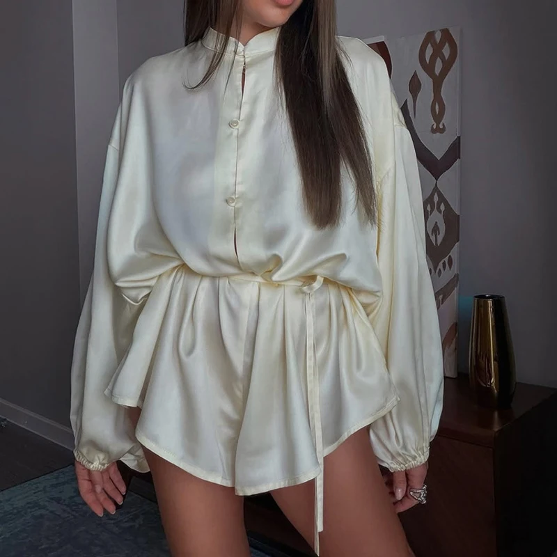 Casual Single Breasted Tie Up Jumpsuit Fashion Splice Long Sleeved Beach Holiday Playsuit Comfortable Solid Loose Waist Bodysuit