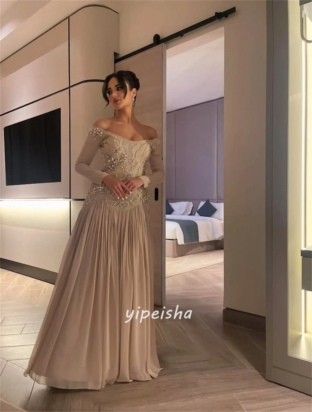Customized High Quality Elegant Chiffon Rhinestone Beading A-line Off-the-shoulder Long Dresses Bespoke Occasion Dresses Classic