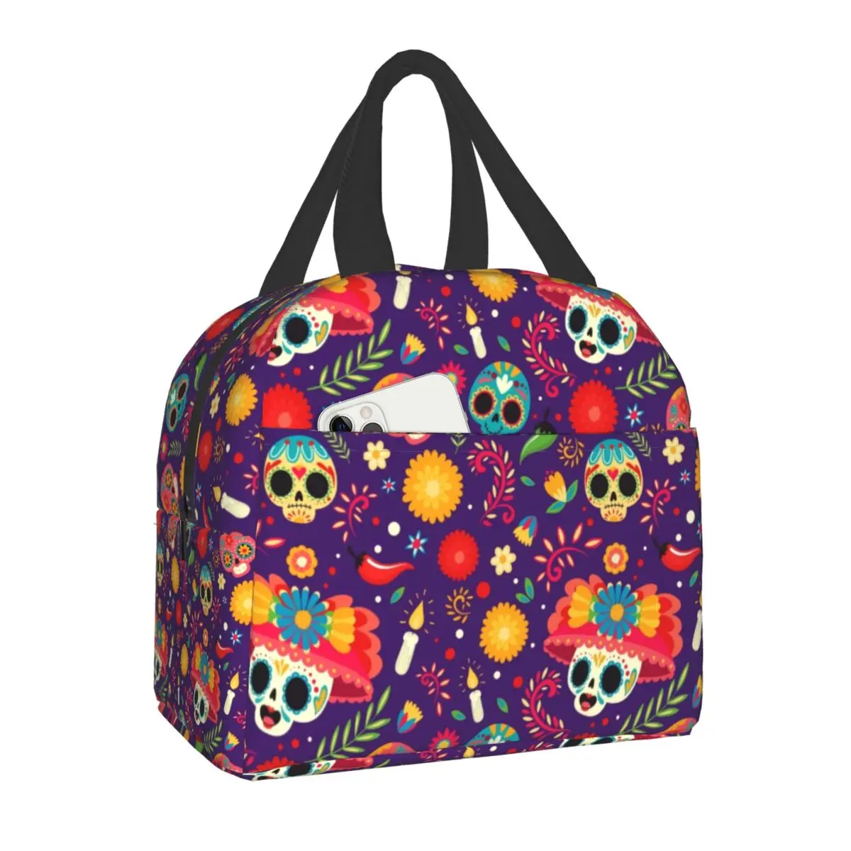 

Mexican Day Of The Dead Sugar Skull Insulated Lunch Bag for School Halloween Waterproof Cooler Thermal Lunch Box Women Children