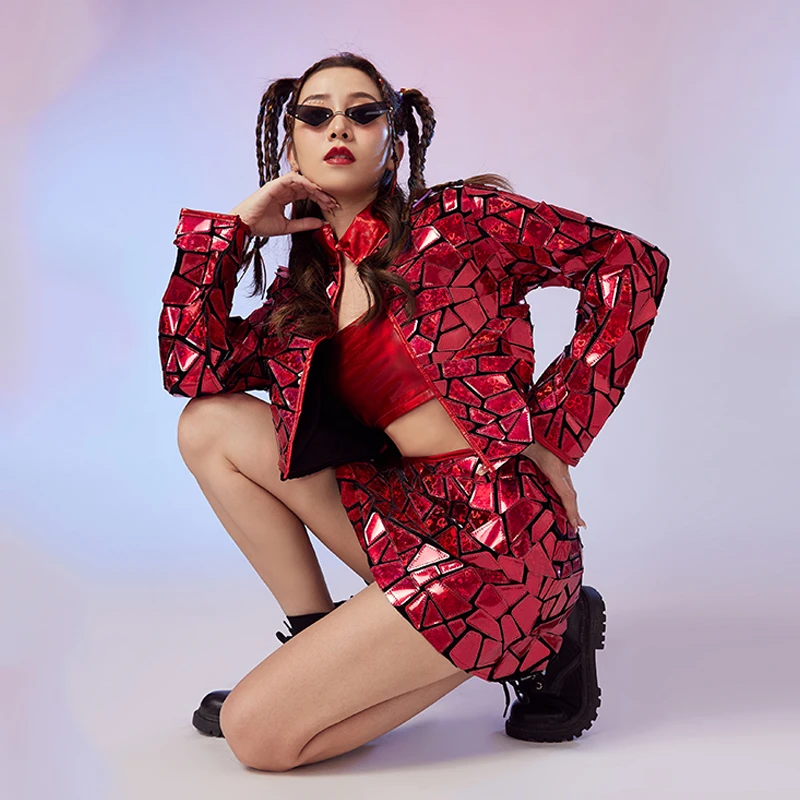 Ropa de baile de Jazz con lentejuelas y espejo rojo nuevo, traje de escenario para cantante, fiesta, Festival, club nocturno, conjunto de disfraz de bailarina Gogo