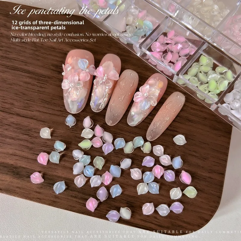 LYLE Ins 3D Mini 12 Grids Ice Transparent Petal Nail Charms Icy Crystal Five Petal Flower Spliced Nail Art Decorations