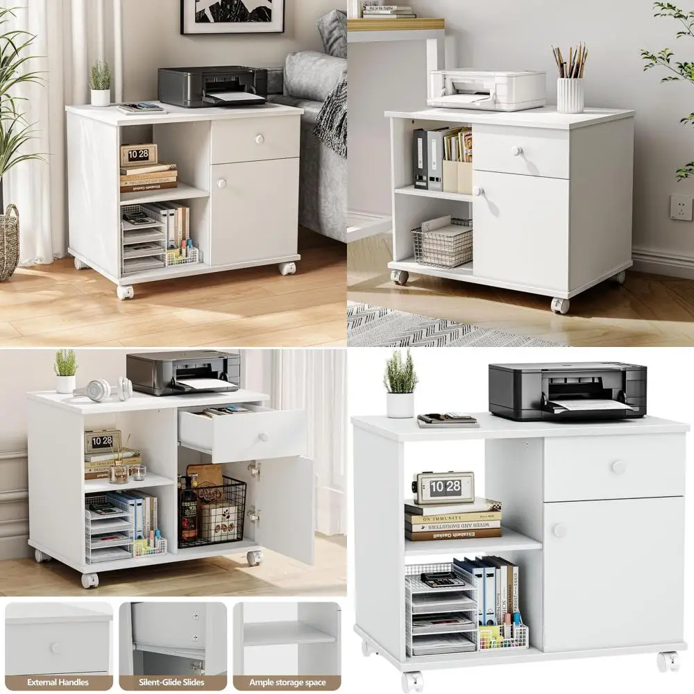 

Мобильный шкаф для документов с регулируемыми полками и подставкой для принтера для офисных принадлежностей, белый