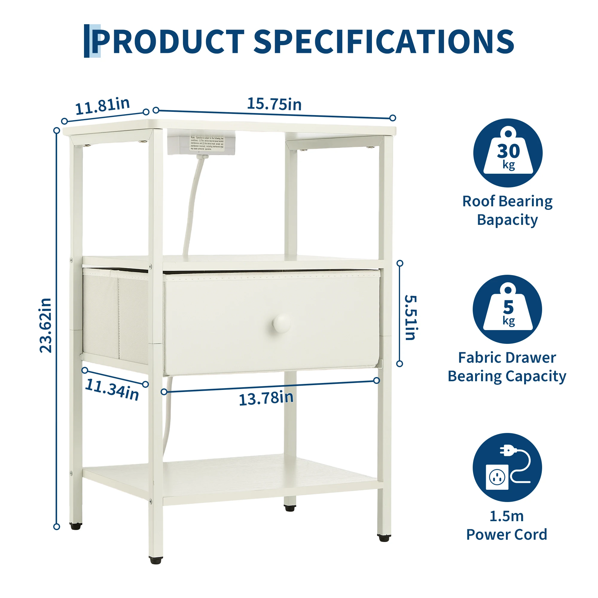 Bedside Table with Charging Station - 3-Tier Open Storage Bedside Table with Fabric Drawer, Heavy-Duty Metal Frame End Table for Bedroom/Small Spaces - 2 Outlets + USB-C