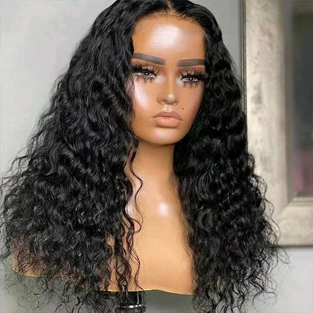 WIF Black Wave Curl Synthetic Wig Middle Part Kinky Curl Black Hair Heat Fiber Lace Front Wigs for Black Women Daily Makeup Use