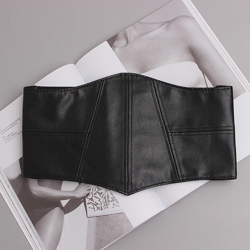 Minimalist ultra-wide PU leather stitching elastic band waist to show slim shape women's waist seal