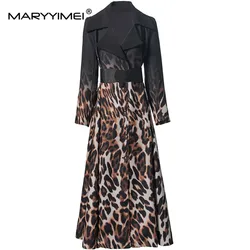 MARYYIMEI Autumn and Winter Women's Fashion Coat Long Sleeve Notched Leopard print Gradient Single-Breasted Overcoat