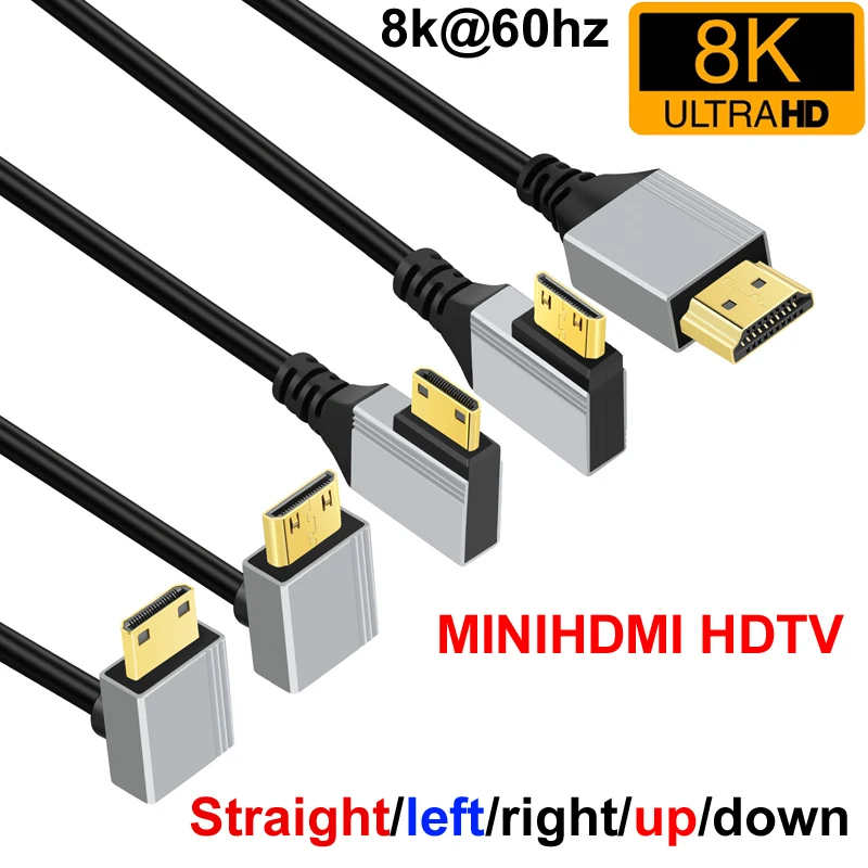 1m 8K@60Hz 2.1 Min HDMI MinHDMI Cable 90 Degree Straight/left/right/up/down angle  For Projector Laptop PC Monitor HDTV Camera