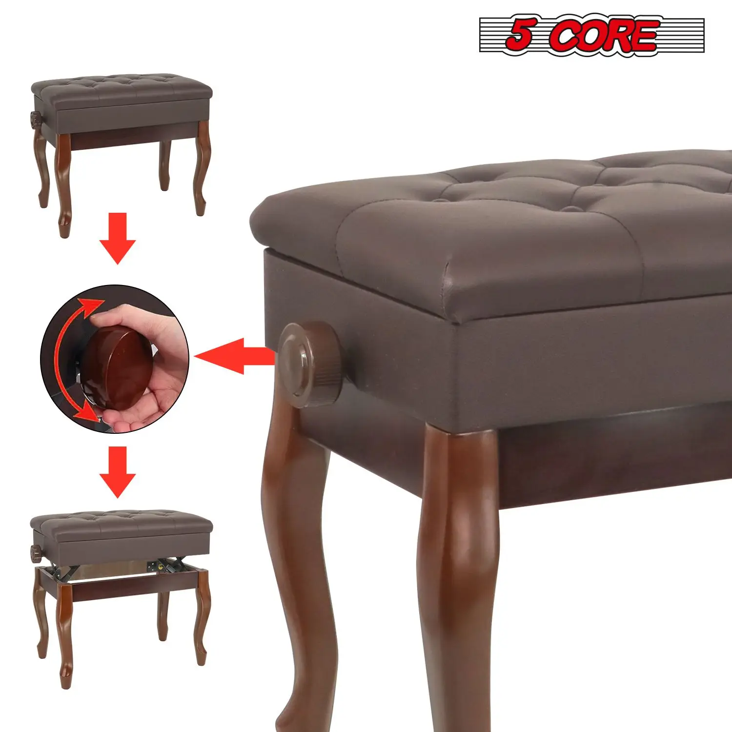 ピアノベンチ 木製 高さ調節可能 スツール 頑丈なキーボードシート 収納付き - PNB WD HD BR