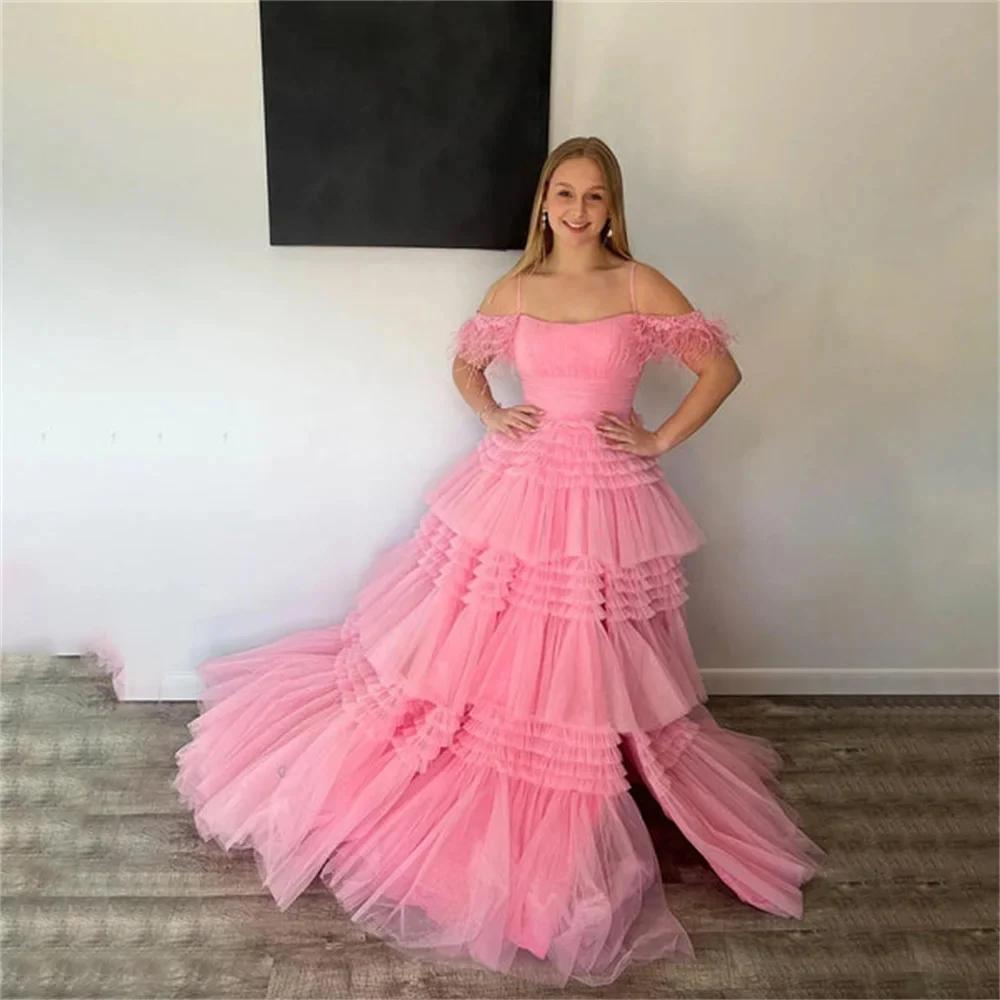 

KSDN Pink Spaghetti Evening Dress Feathers Floor Length Sweep Train Tiered Vestido De Festa gala Luxury Prom Gown A-Line Women